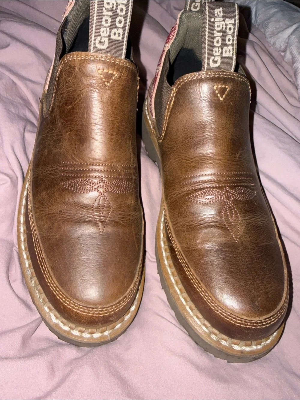 Georgia Boot Brown Leather Slip-On Ankle Booties with Pink Paisley Heel Panels